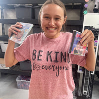 Jordyn, modeling a small, in our super-soft Smiling Sun Be Kind to Everyone® Sueded short sleeve t-shirt.