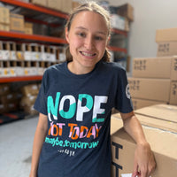 Jordyn wearing our navy short-sleeved Nope Not Today t-shirt in the Shirt Shop.