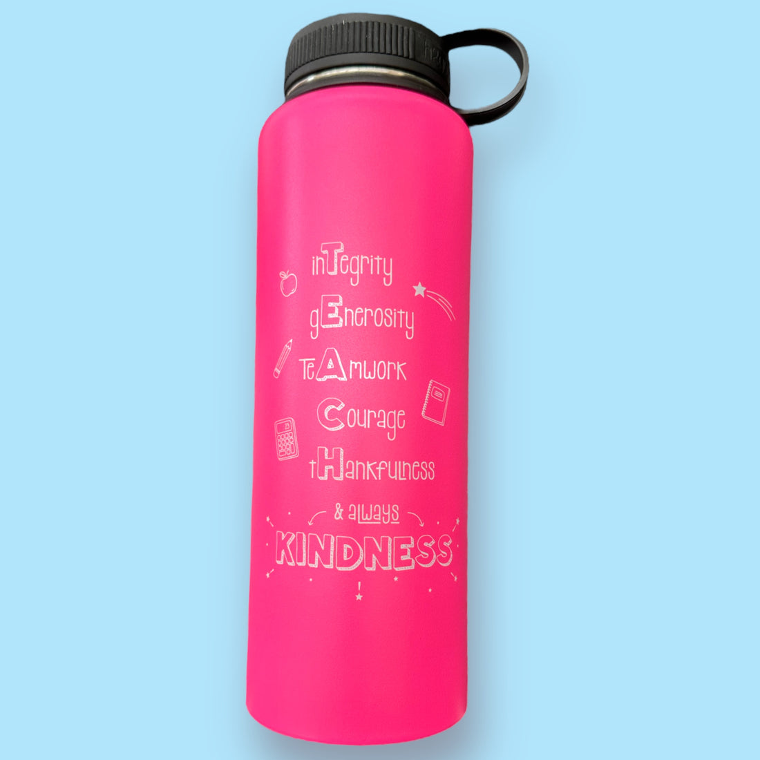 Back of our Pink TEACH Kindness 40-oz steel bottle
