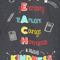 Zoomed in image of the back of our "T.E.A.C.H. Kindness" Be Kind to Everyone® short-sleeve tee.
