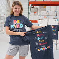 Jackie, wearing a small in our "T.E.A.C.H. Kindness" Be Kind to Everyone® short-sleeve tee.