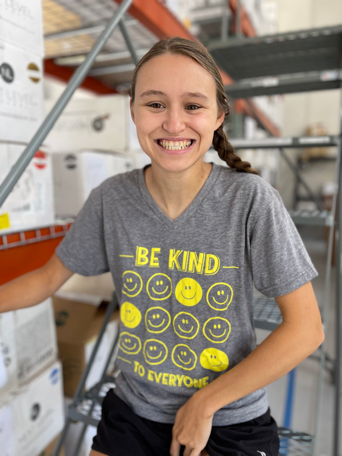 Our All Smiles Be Kind to Everyone® v-neck has great drape, stretch, and recovery.