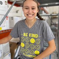 Our All Smiles Be Kind to Everyone® v-neck has great drape, stretch, and recovery.
