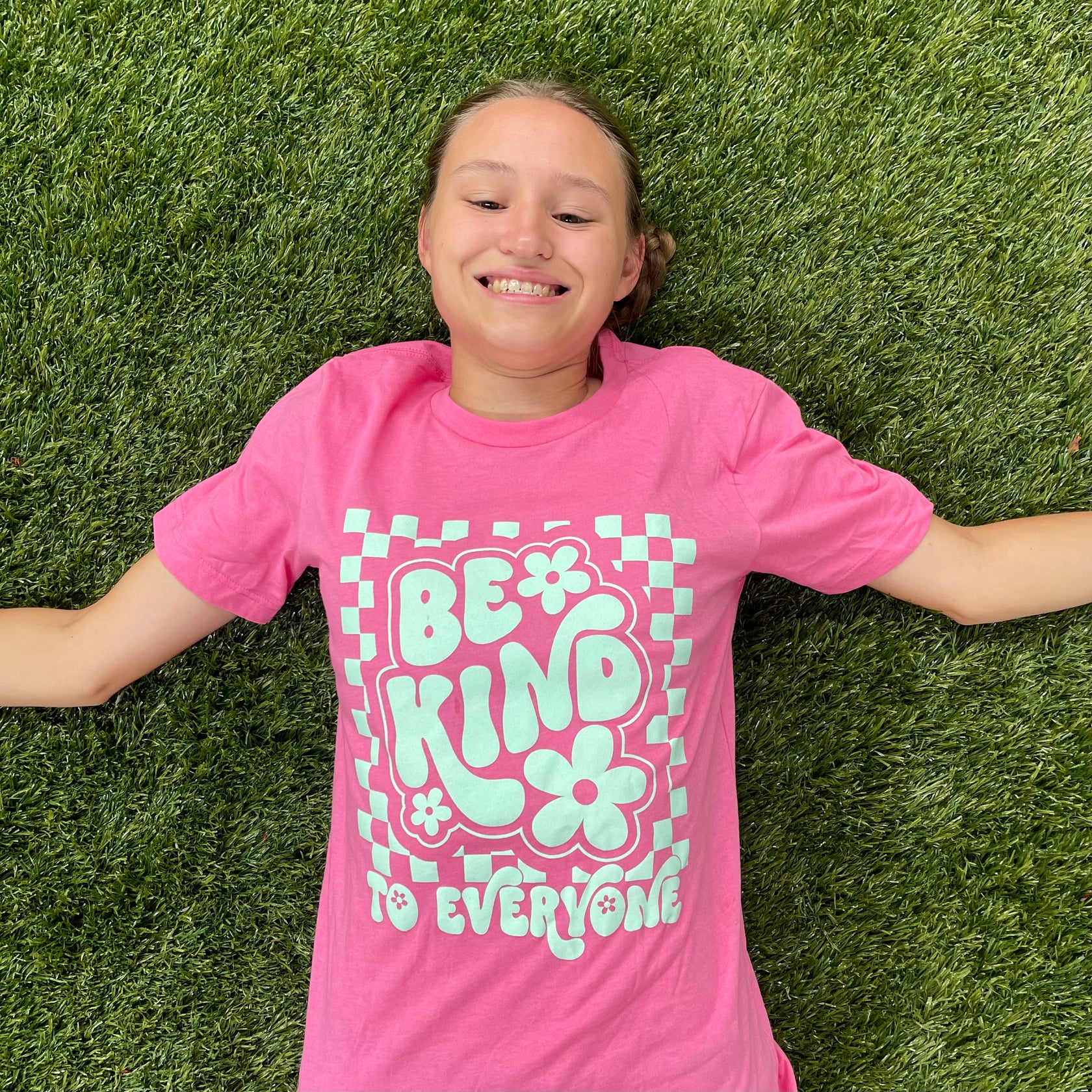 Adult Pink Retro Checkerboard Be Kind to Everyone® Short Sleeve Tee
