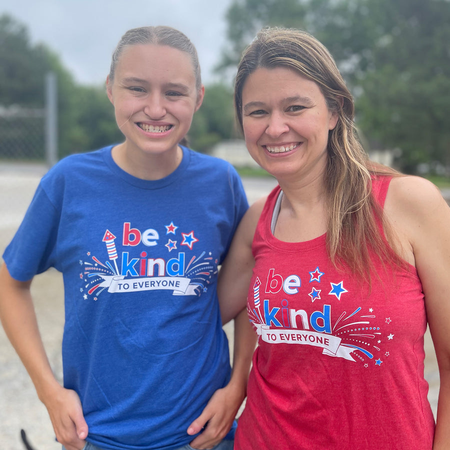 Jordyn and Jackie modeling our 4th of July Be Kind to Everyone® short sleeve tee and tank top.