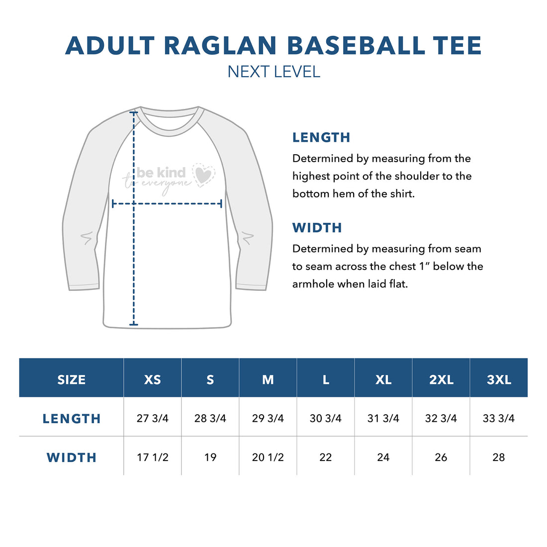 Adult  Raglan 3/4-Length Sleeve Shirt Sizing Guide