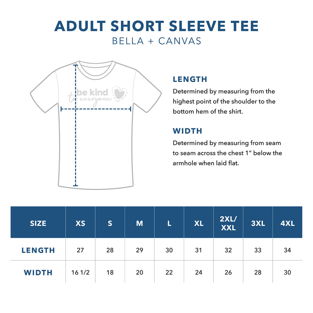 Adult Bella Canvas Short Sleeve Tee Sizing Guide