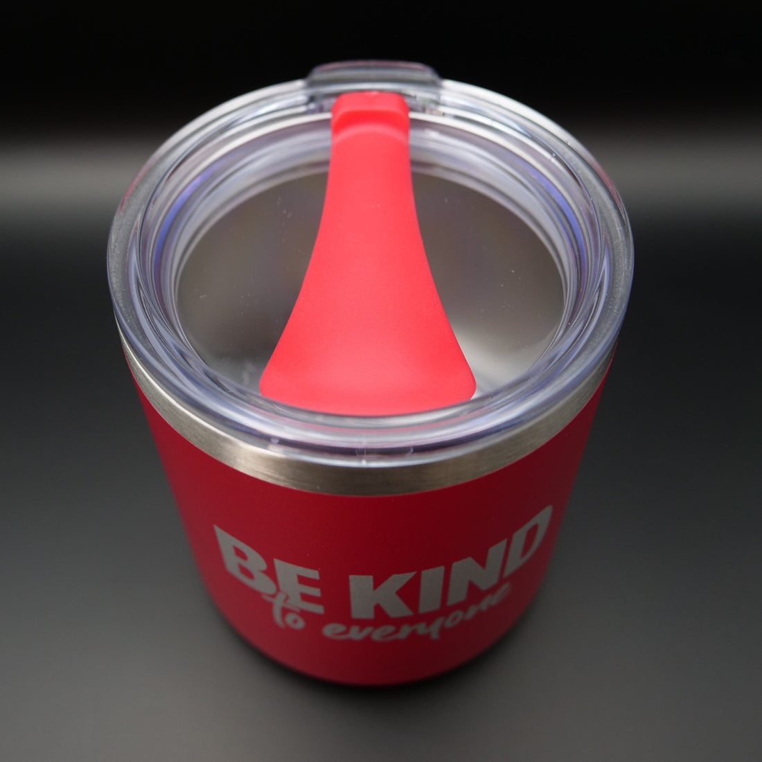 Image of the lid on our Red 12 oz. Be Kind To Everyone® Stainless Steel Thermal Coffee Tumbler that comes in Jordyn&