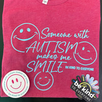 Autism Awareness T-Shirt Surprise Packs come with a short-sleeved t-shirt and TWO decals.  This photo contains the heather raspberry t-shirt.