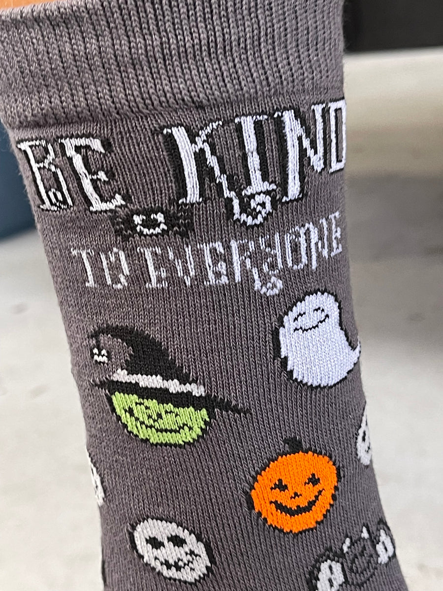 Our woven Halloween Be Kind to Everyone® socks are gourd for the soul.