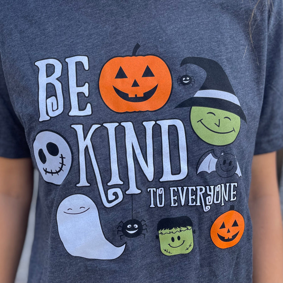 Lift everyone's spirits this fall with our Halloween Be Kind to Everyone® tee, featuring a cute new design on a soft, heathered charcoal grey tee.