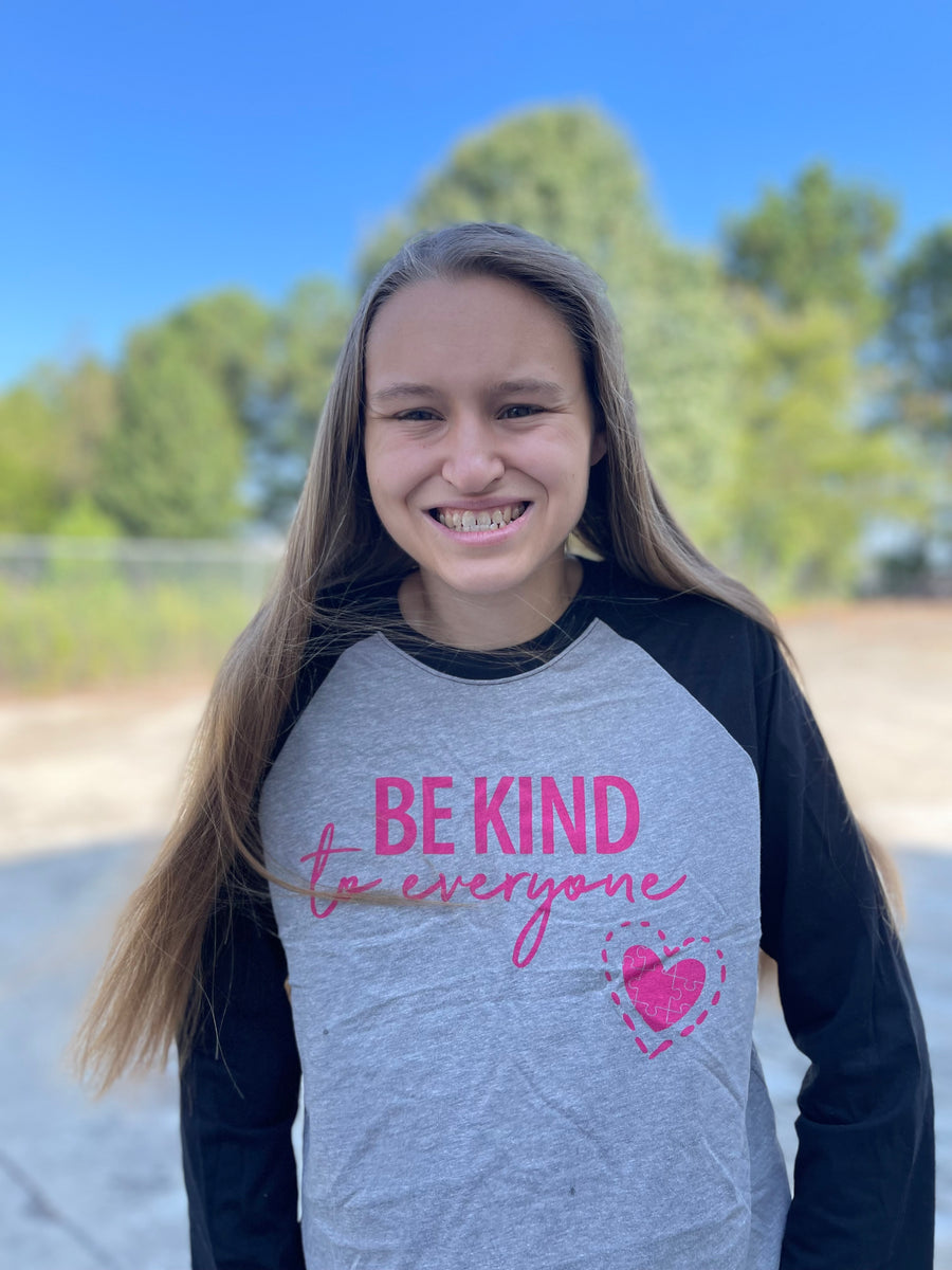 Perfect for fall - our Original Jordyn Be Kind to Everyone® tee is now available in a 3/4-sleeve Raglan.