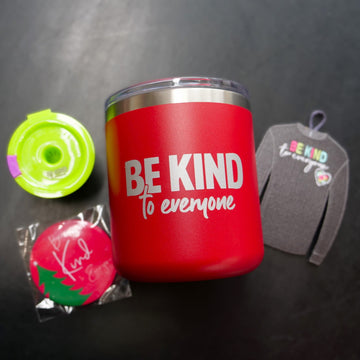 Jordyn's Cup of Joy comes with a red 12 oz. Be Kind To Everyone® Coffee Tumbler, reusable Be Kind to Everyone® Coffee K-Cup, Original Jordyn Be Kind to Everyone® Christmas Ornament, and a Be Kind to Everyone® Holiday Button.