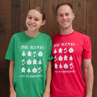 Jordyn and Ryan, modeling our NEW Christmas Icons Be Kind to Everyone® short=sleeved tees that are part of our Christmas Surprise Packs.  Jordyn is wearing a medium; Ryan is wearing a large.