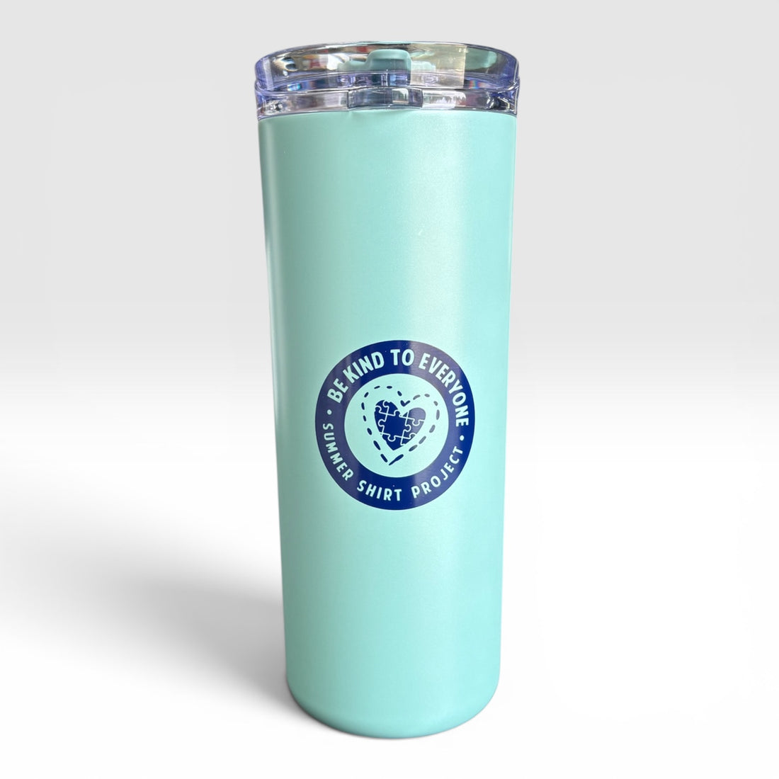 The back side of our seafoam NOPE NOT TODAY tumbler showing our Be Kind to Everyone® circular logo in dark blue text against a white background.