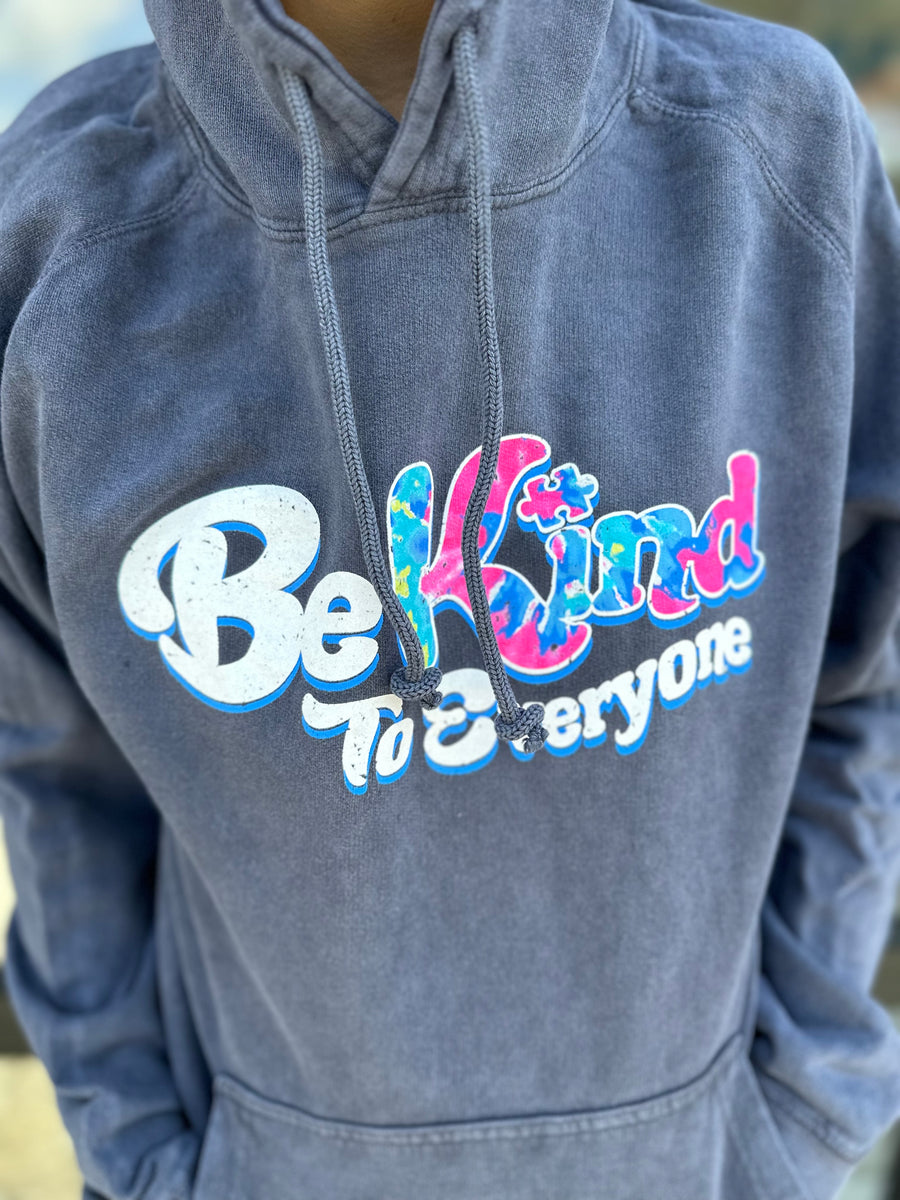 This vintage denim colored hoodie features Ryan's (from the shirt shop) favorite Be Kind to Everyone® design.