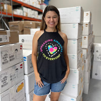 Jackie, modeling a medium, in our 5-Year Anniversary Rocker Be Kind to Everyone® women's tank top.