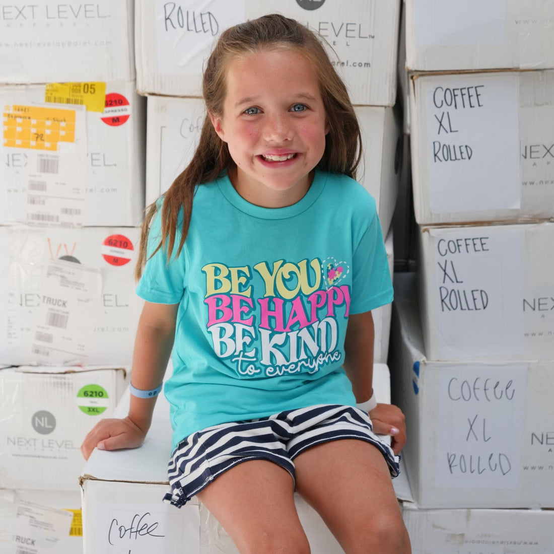Be You, Be Happy, Be Kind to Everyone® in this super cute aqua youth tee! 