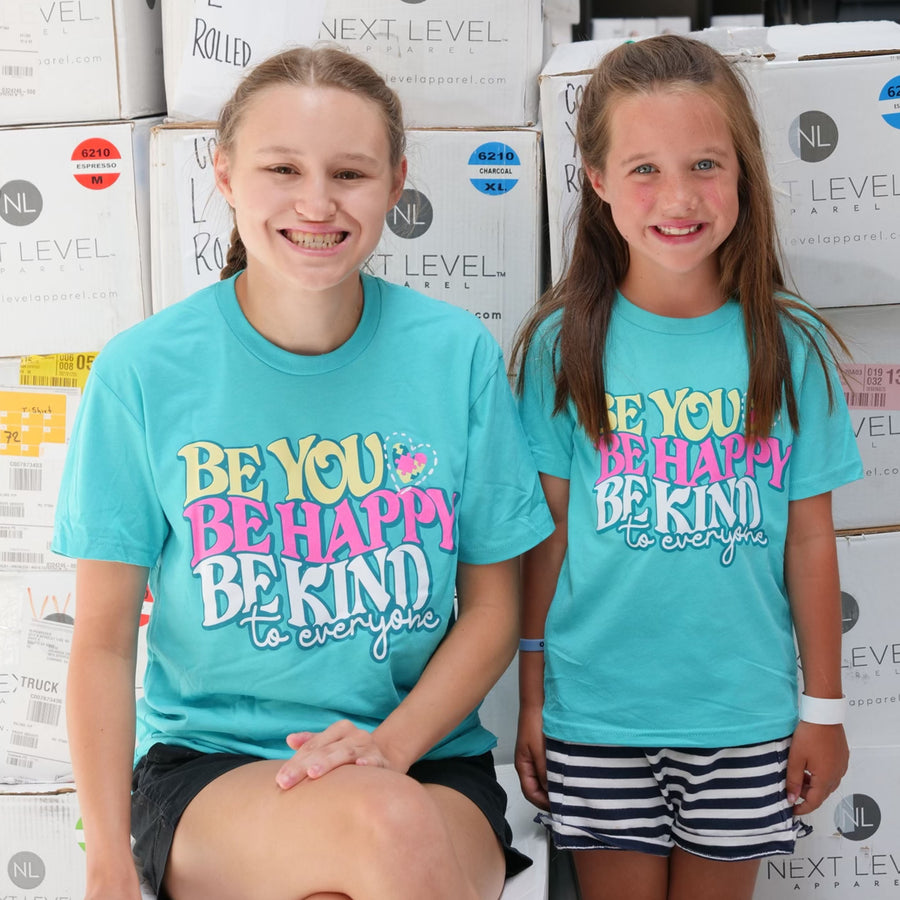 Be You, Be Happy, Be Kind to Everyone® short-sleeved t-shirt in youth and adult sizes.