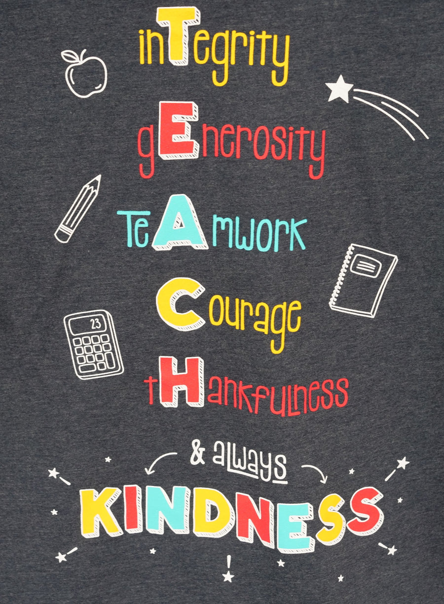 Zoomed in image of the back of our "T.E.A.C.H. Kindness" Be Kind to Everyone® short-sleeve tee.