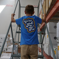 Back of our Never Give Up Be Kind to Everyone® short-sleeved youth t-shirt.