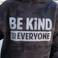 Close up image of our youth Hudson Be Kind to Everyone® hoodie in camo.