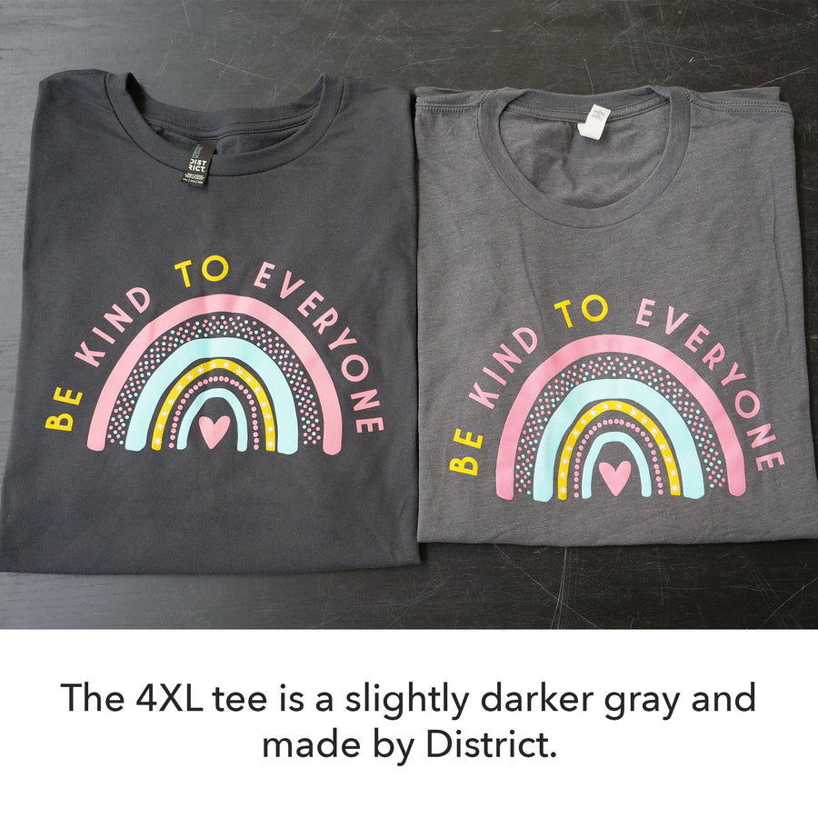Image displaying that the 4XL in the "Rainbow" Be Kind to Everyone® shirt is slightly darker than the other sizes.