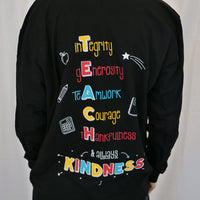 Close up image of the back of our T.E.A.C.H. Kindness Be Kind to Everyone® zip-up hoodies.