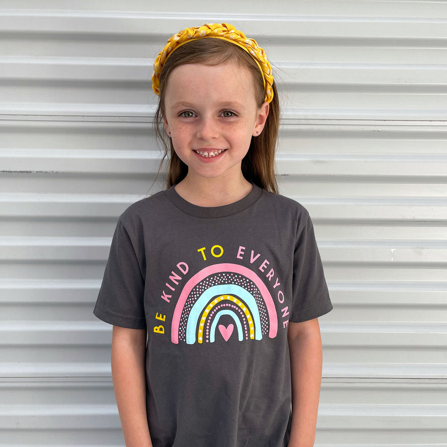 Youth Rainbow Be Kind to Everyone® shirt in heathered heavy metal.