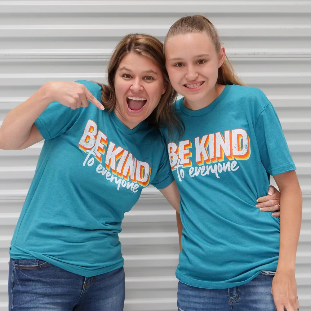 Jackie (left) and Jordyn (right) wearing our 3D Be Kind to Everyone® short-sleeve tees.
