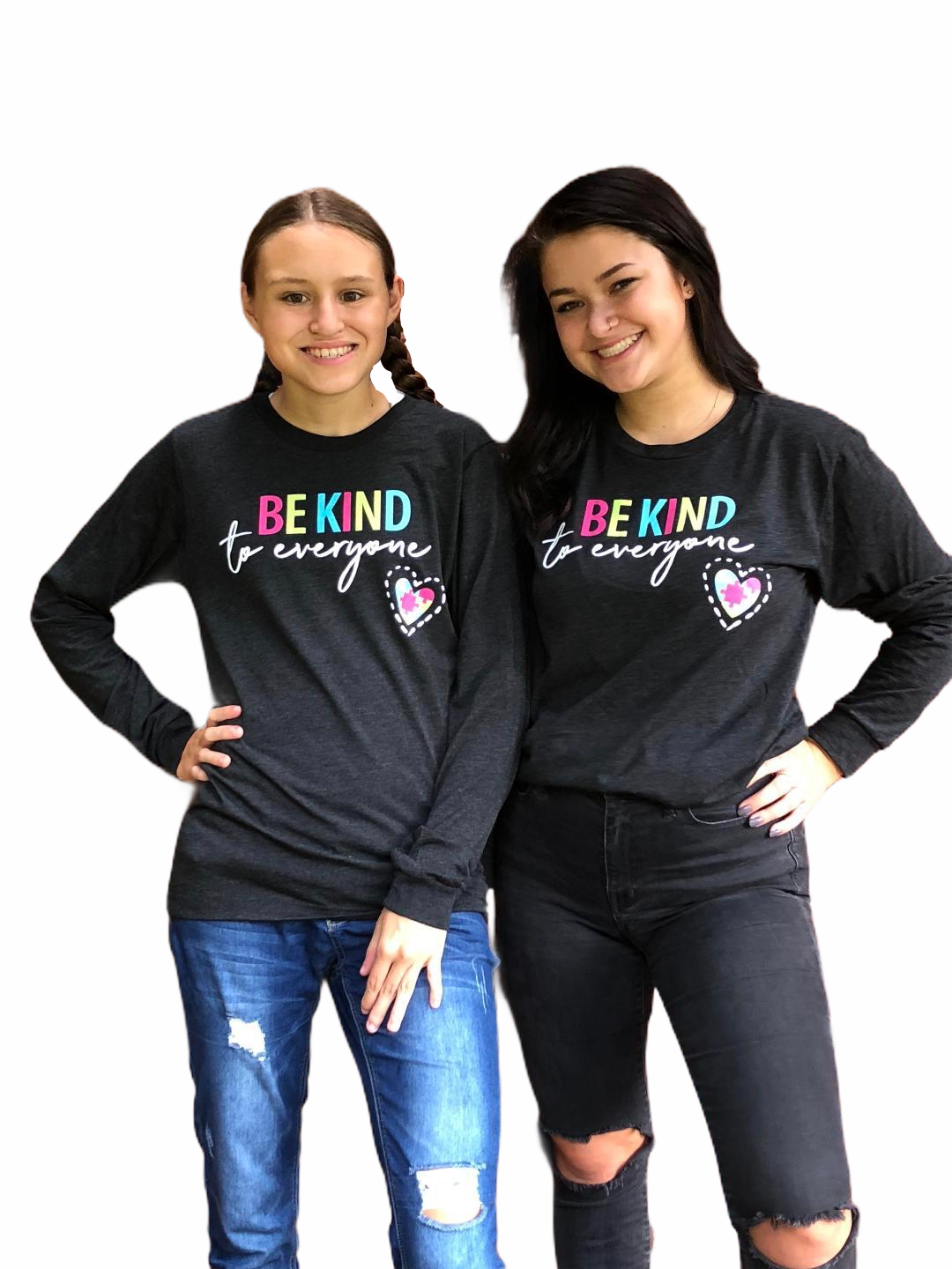 Jordyn and Sarah in our long-sleeved Original Jordyn Be Kind to Everyone® t-shirts.